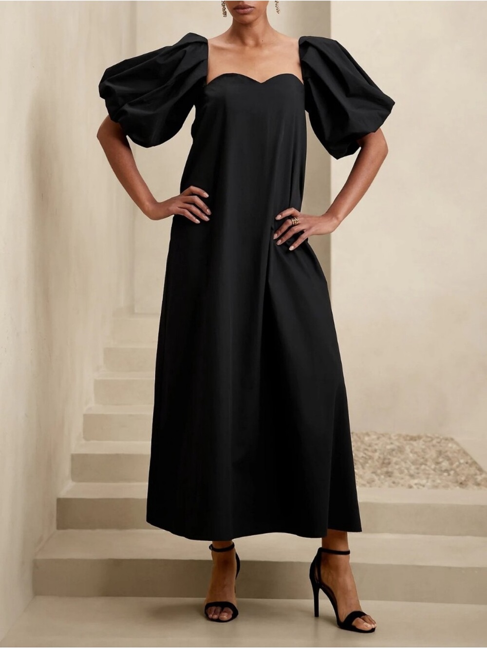 Banana Republic Factory Black Maxi Dress with Puff Sleeves 4P